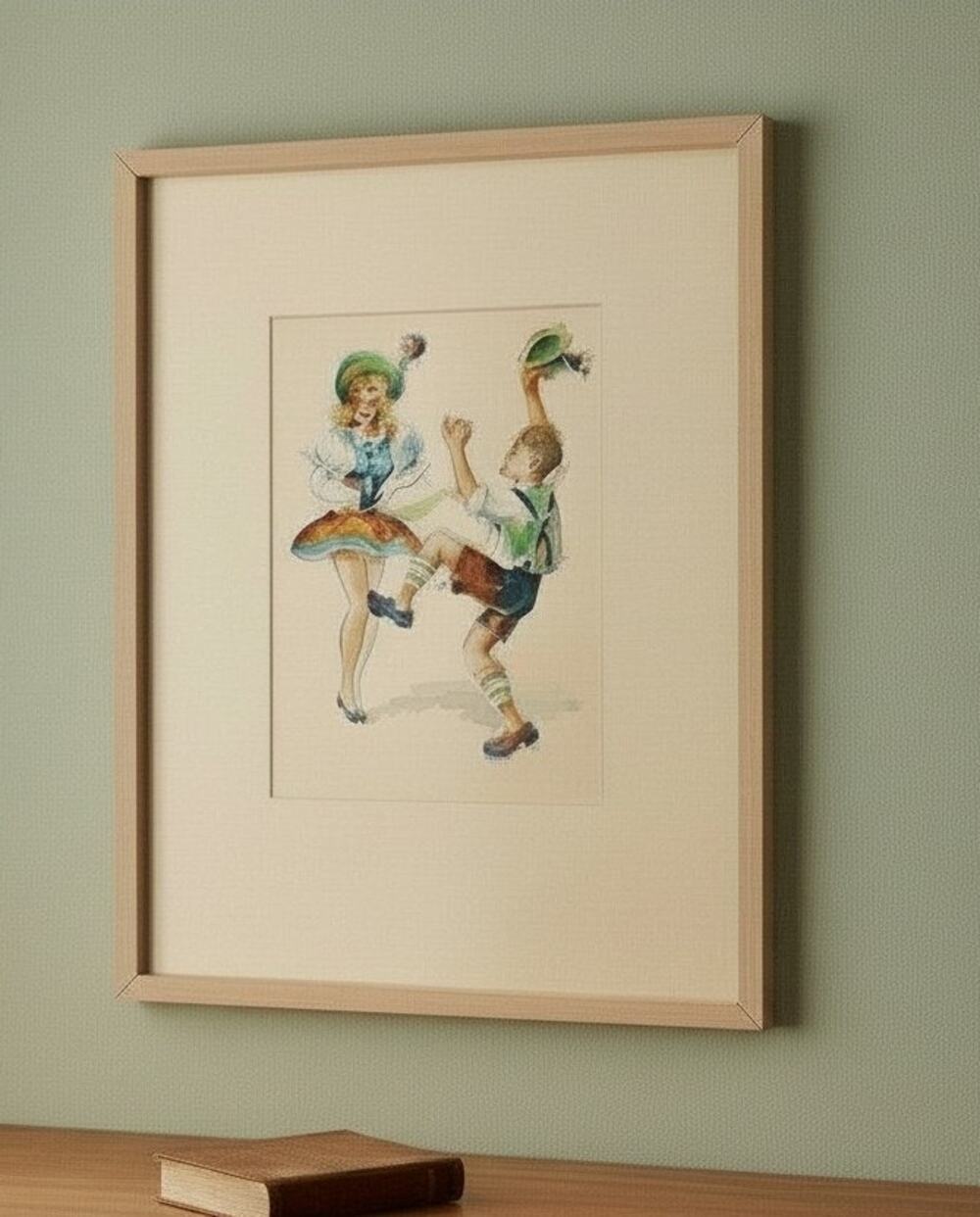 VTG Watercolor/ink&wash Illustration Alpine German Folk Dancers Erna Maison-Kurt
